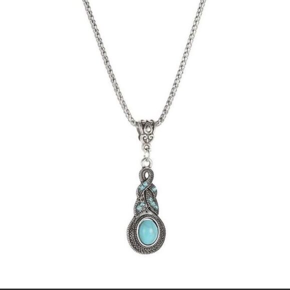 New Retro Pattern Blue Crystal Inlaid Turquoise Earrings and Necklace Set. - Picture 1 of 5